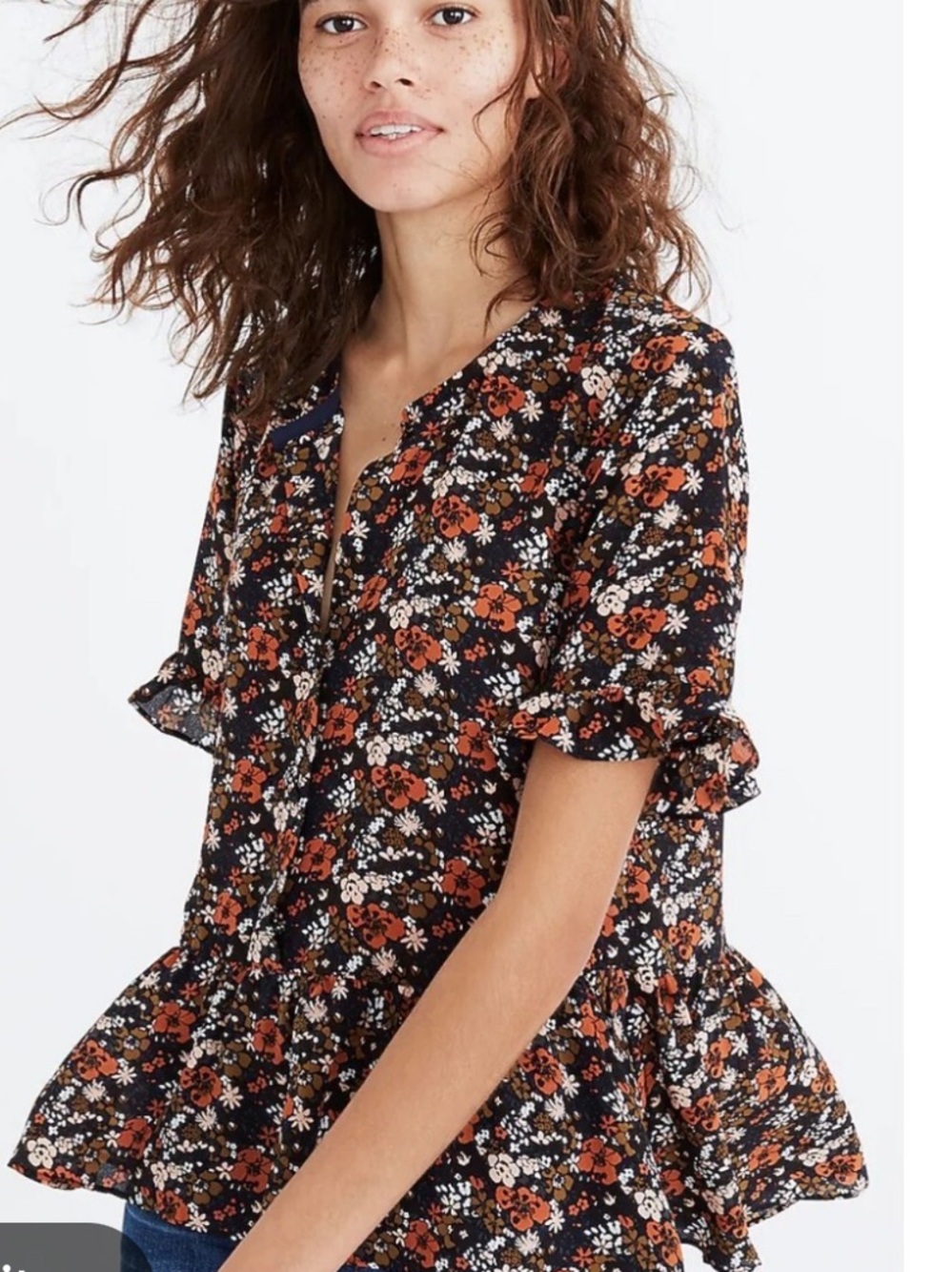 Silk Floral Top Floral Ruffle-Hem Top with Orange & White Blossoms Madewell Top